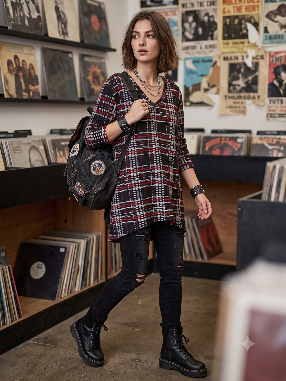 Plaid Tunic Knit V-Neck Pockets Cozy Dark Academia Grunge Oversized